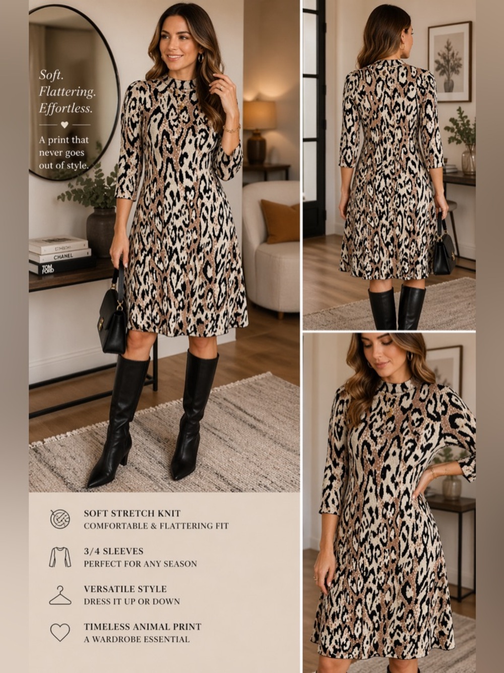 Nanette Lepore Leopard Print Knit Dress 3/4 Sleeve Sweater Dress Medium